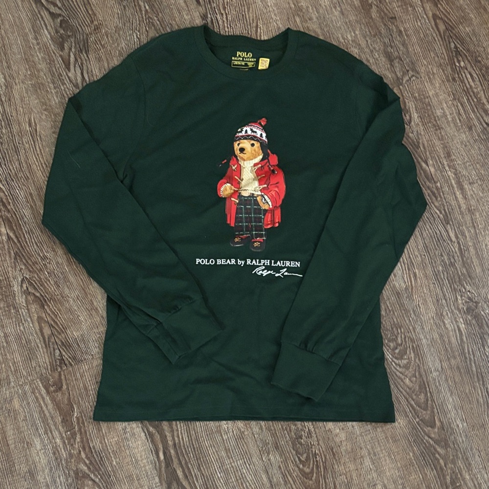 Polo by Ralph Lauren Green Long Sleeve Polo Bear Tee with Red Accent
